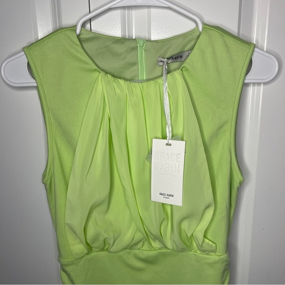 Grace Karin Green Ruched Bodycon Sleeveless Green Dress Size Small Midi Drape - Picture 4 of 12